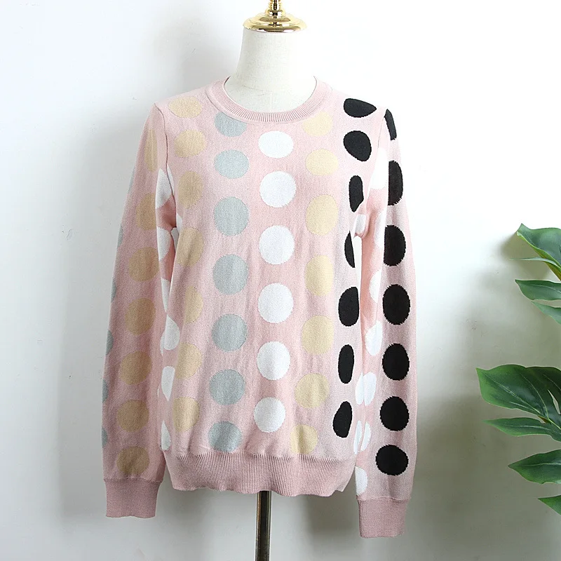 

2019 Spring Autumn women Pullover O-neck Thin Dot Jacquard Casual Loose Knitted Sweater Pullovers High Quality Outwear Mujer