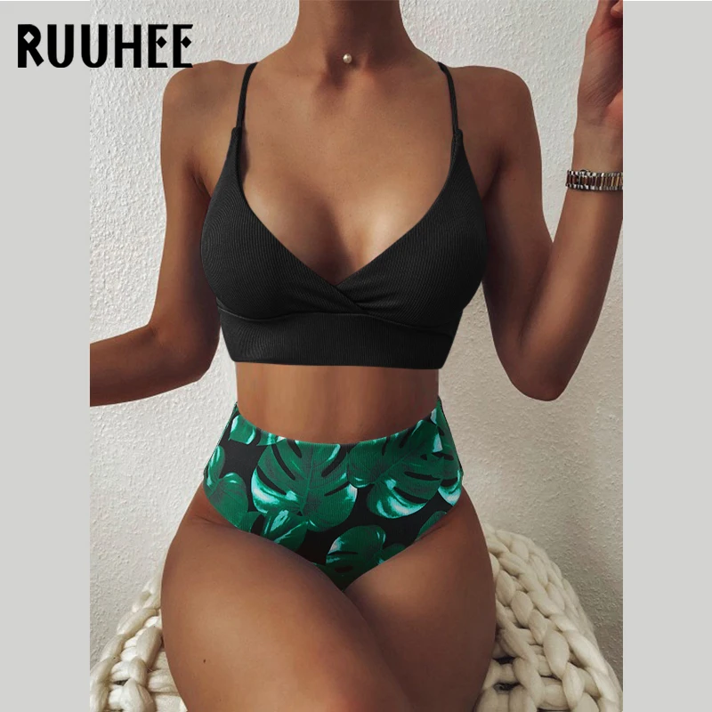 RUUHEE Women Swimsuit Ribbed High Waist Solid Black White Push Up Bikini Sets 2021 Swimwear Female with Padded Bathing Suit