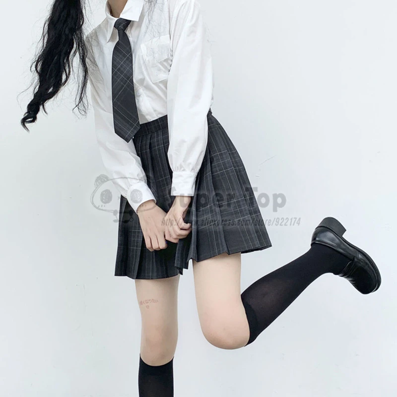 Charcoal gray JK Uniform Female Full Suit Summer Autumn White Shirt Original Pleated Skirt School Girl Clothes