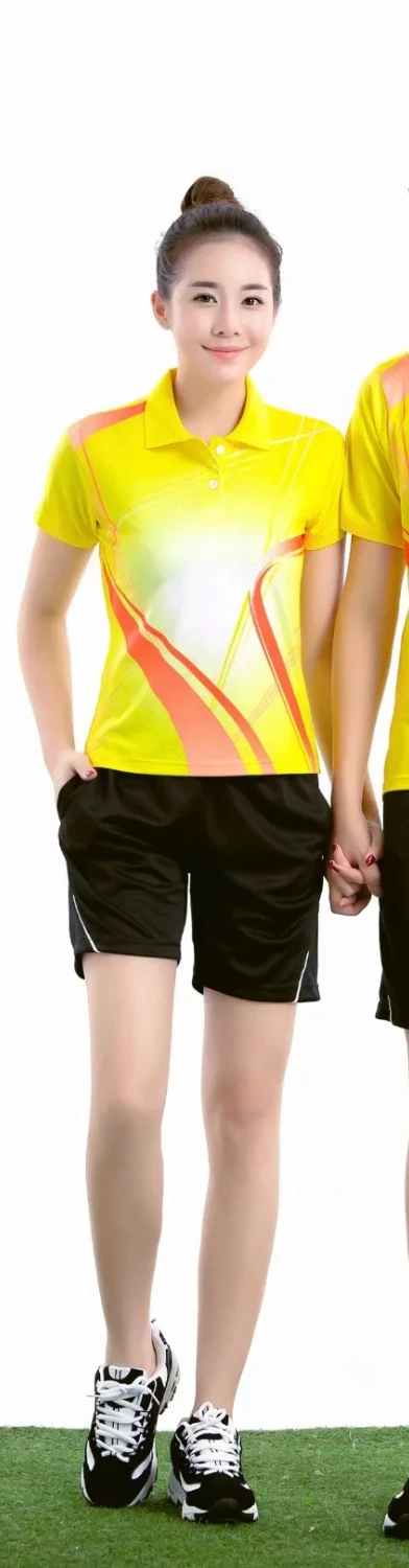 Быстросохнущий Спорт, бадминтон костюм для мужчин и женщин поглощение пота короткий рукав Настольный теннис футболка и шорты L988SHC - Цвет: Women Yellow