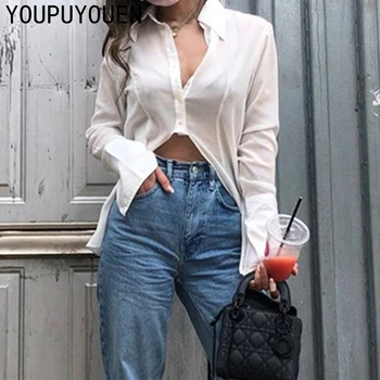 

Autumn Women Sexy See Through Irregular White Blouse Hollow Casual Long Sleeve Shirt Button Up Tops Spring Fall Fashion Clothing