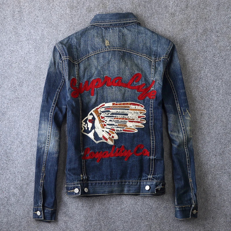 

High Street Fashion Men Jackets Retro Blue Indian Chief Embroidery Designer Hip Hop Denim Jacket Men Cotton Coats Chaqueta Homme