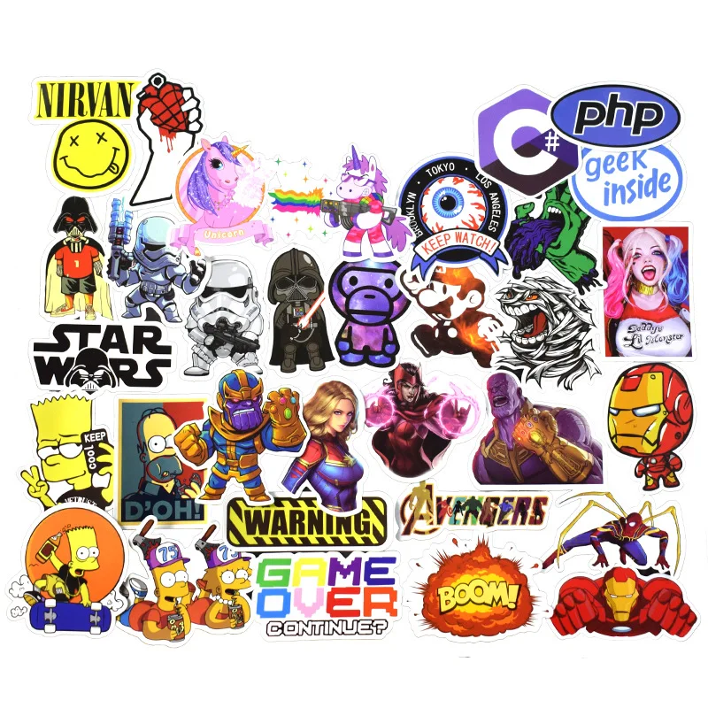 

50pcs 24 Style HP Character Harried Luggage Sticker Waterproof Cute Stickers Star Wars Super hero Racing car Movie character
