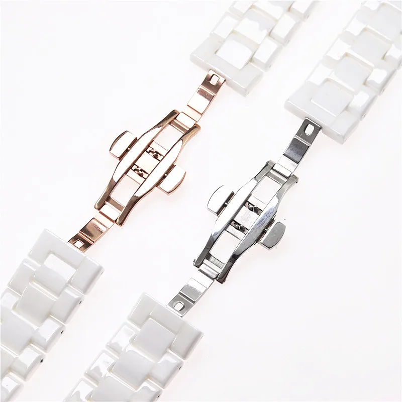 Ceramic Watch Strap Band Bracelet with Butterfly Clasp - Black/White, 18mm/22mm