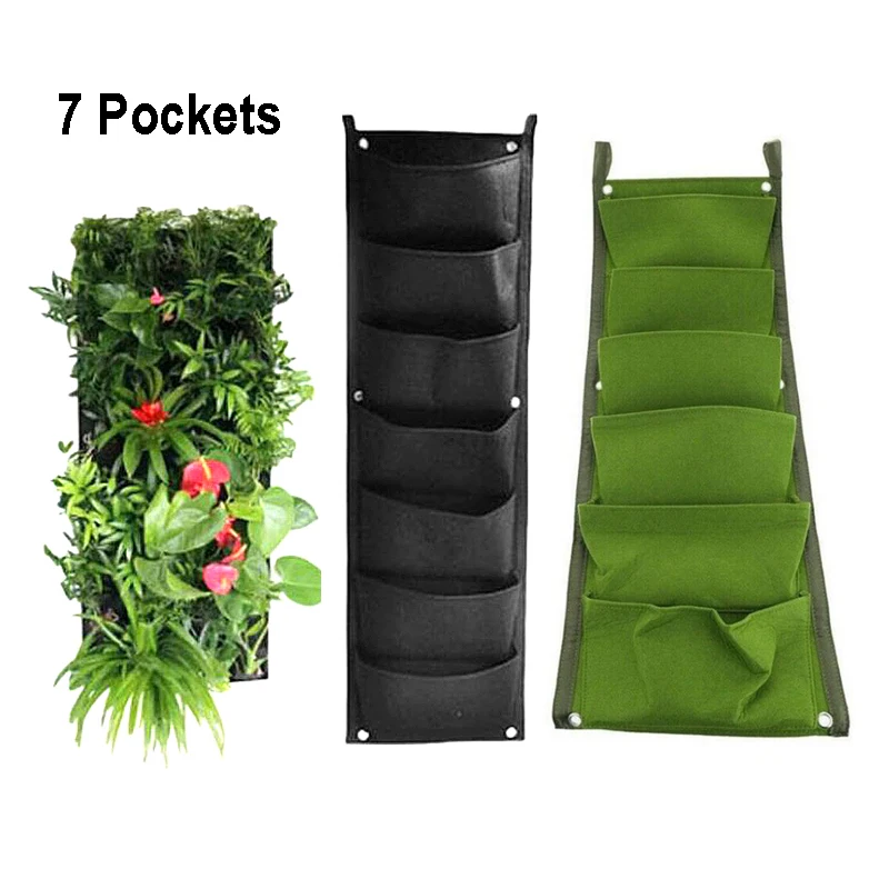 7 Pockets Plant Grow Bags Growing Pots Vertical Garden Wall Hanging Vegetable Flower Planter Growth Fabric Green Black | Дом и сад