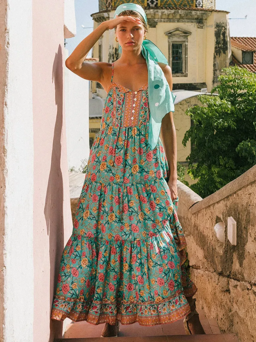 KIYUMI Boho Платье женское без рукавов на бретельках vestido одежда летнее Повседневное платье на пуговицах с цветочным принтом пляжное платье на шнуровке
