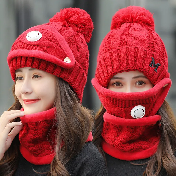 3 шт теплые шерстяные шапки бини Skullies шапки с маской воротник нагрудник зимняя велосипедная шапка для женщин женские бархатные толстые анти-смоговые вязаные шапки - Цвет: Burgundy