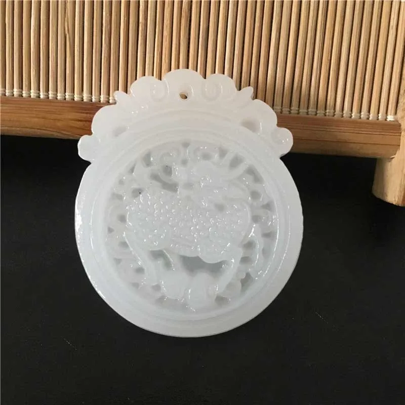 

Natural Afghanistan White Stone Pendant Necklace 3D Handmake Carved Chinese Dragon Kirin Round Men's Jewelry Pendants With Rope
