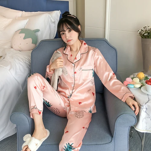 Осенний пижамный комплект из искусственного шелка, кардиган, пижама с длинными рукавами, Женская домашняя одежда для отдыха, пижамы для женщин, 2 штуки, милая одежда для сна - Цвет: C Q 8812