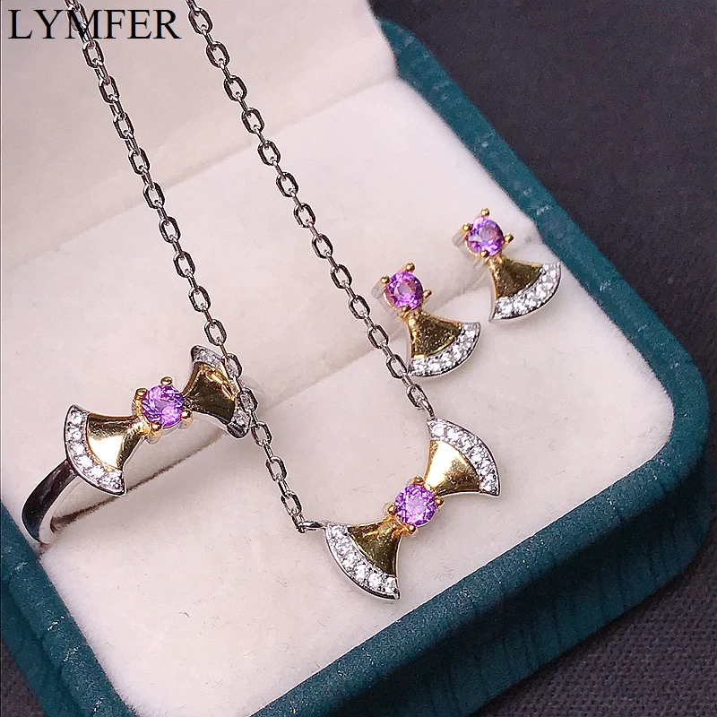 

Natural amethyst set simple exquisite 925 Sterling Silver Lady necklace ring earrings party gift