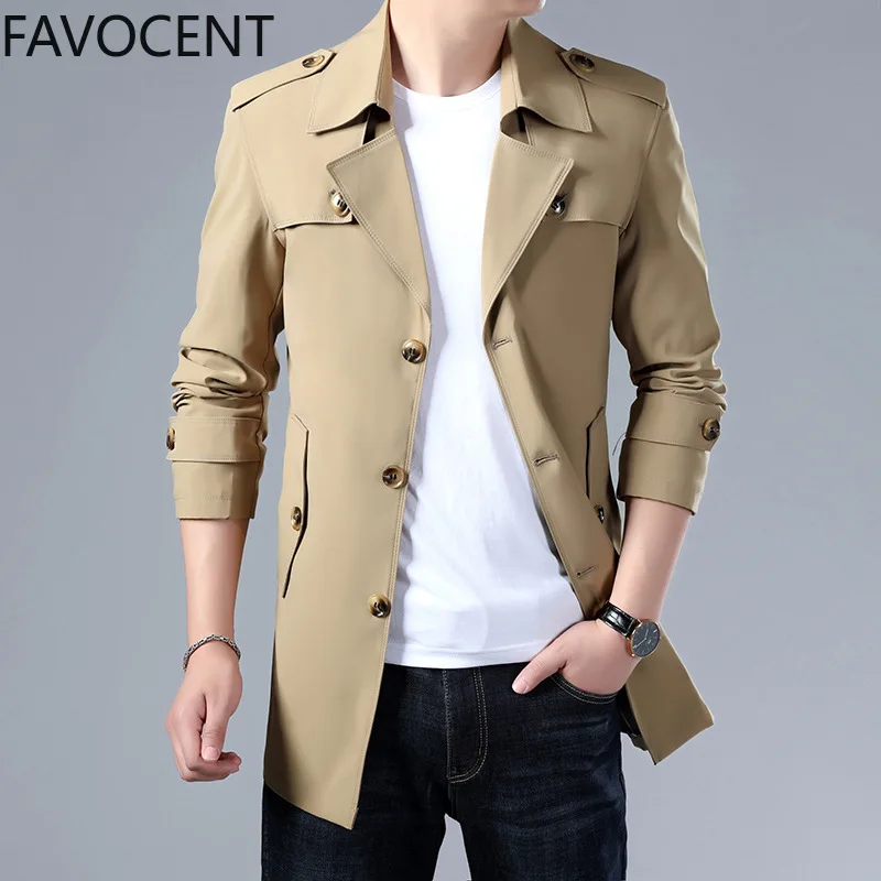 50% OFF Mens Trench Long Coat Fashion Male Solid Color Casual Mens Trench Coat Jacket Spring Autumn Overcoat Military Turn-down Collar