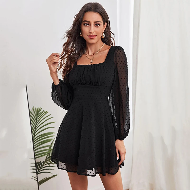 

Ardm Elegant Square Neck White Dresses For Women 2021 High Waist Lantern Sleeve A-Line Dot Lace Office Ladies Mini Dress Vestido