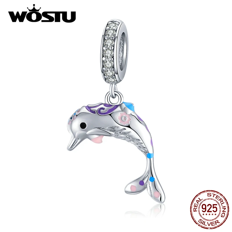 

WOSTU Real 925 Sterling Silver Lovely Dolphin Charms Zircon Bead Fit Original Bracelet Pendant For Women Fashion Jewelry DAC159
