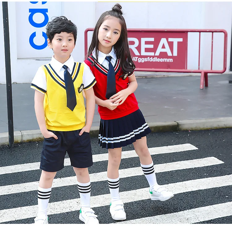 For 3-14 Children Cotton Korean Japanese Student School Uniforms Girls Boys Collar Shirt Top Pleated Skirt Shorts Tie Outfits