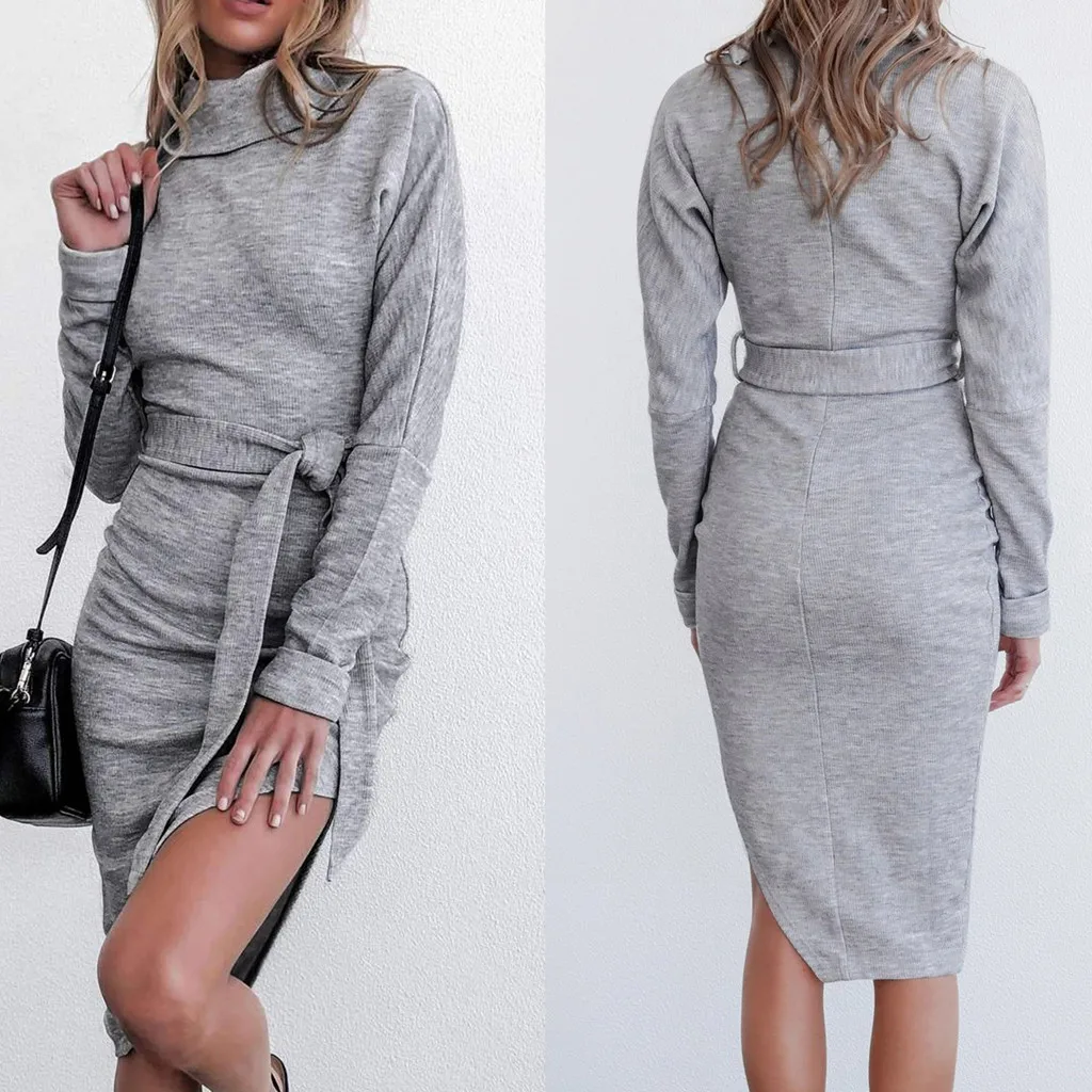 

Shirt Dress 2019 Women Autumn Summer Dress Long Sleeve Turtlen Neck Collar High Steeet Dress Blet Solid Office Dresses#J30
