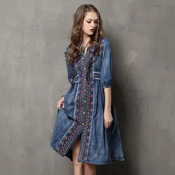 

Embroidery Indie Folk V-Neck Half Sleeve Plus Size Loose Denim Dress Lady Casual Midi Button Dresses New Oversize Women Clothes