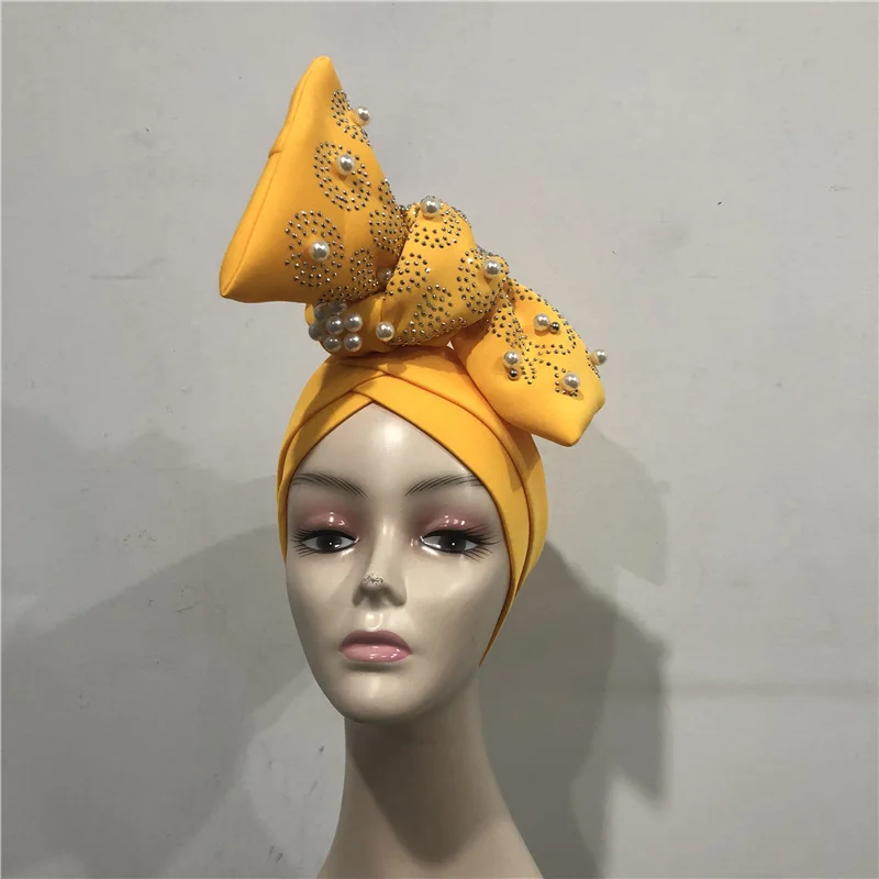 Нигерийская Кружевная повязка на голову Aso OKE Gele уже сделана Auto Gele Aso Ebi повязка на голову в африканском стиле тюрбан Кепка с красочными Beads-AC30 - Цвет: No28 1piece