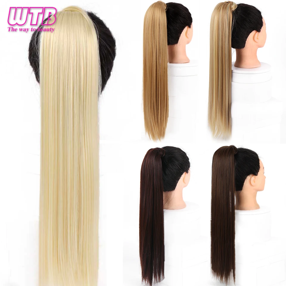 WTB Women's Synthetic 22 Inch Long Straight Wrap Around Clip In Ponytail Hair Extensions Natural Black Brown Pony Tail Fake Hair