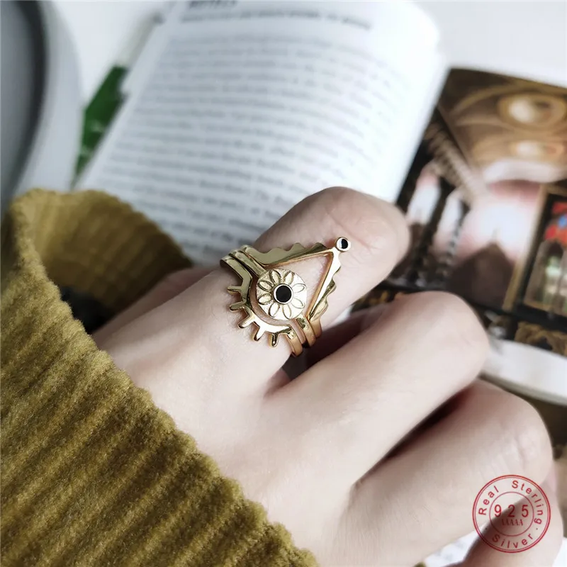 

925 Sterling Silver European Punk Hip Hop Ring Female Epoxy Sun Flower Geometric Index Finger Ring Party Jewelry