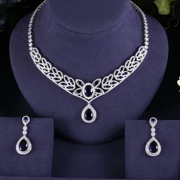 

Blue BEST QUALITY BRILLIANT CRYSTAL ZIRCON EARRINGS AND NECKLACE BRIDAL JEWELRY SET WEDDING DRESS ACCESSARIES
