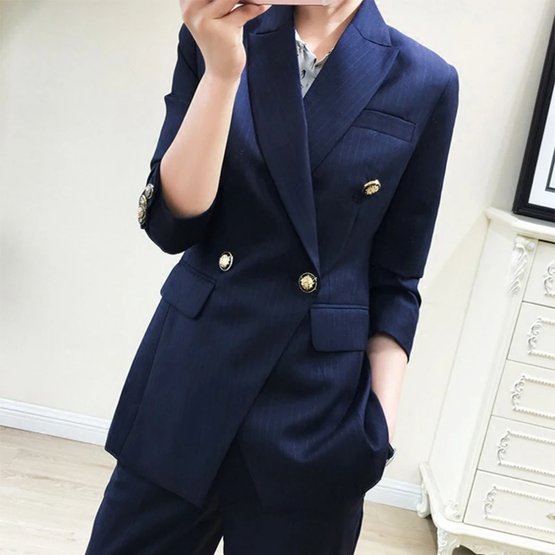 

Formal Casual Women Pant Suits Notched Collar Blazer Jacket Striped Pencil Pant Female Suit Autumn high quality Plus Size 5XL