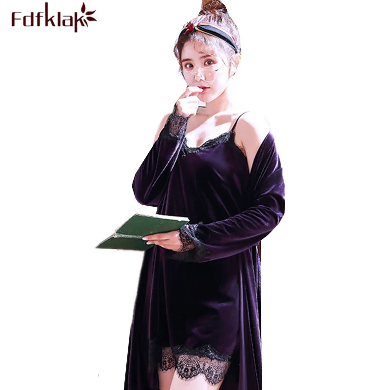 

Fdfklak New 2019 autumn winter robe lace sexy sleepwear gold velvet female bathrobe long sleeve and sling nightwear clothes