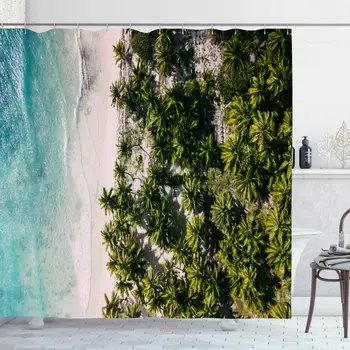 

Shower Curtain Set with Hooks 66x72 Aerial Left Sky Ocean Right Palms Summer Sandy Middle Beach Nature Air Seashore Design Tree