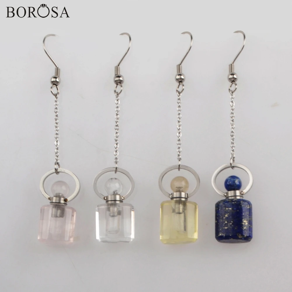 

BOROSA NEW 2Pairs Silver Natural Stones Perfume Bottle Dangle Earrings Lapis Lazuli Essential Oil Bottle Women Earrings WX1191