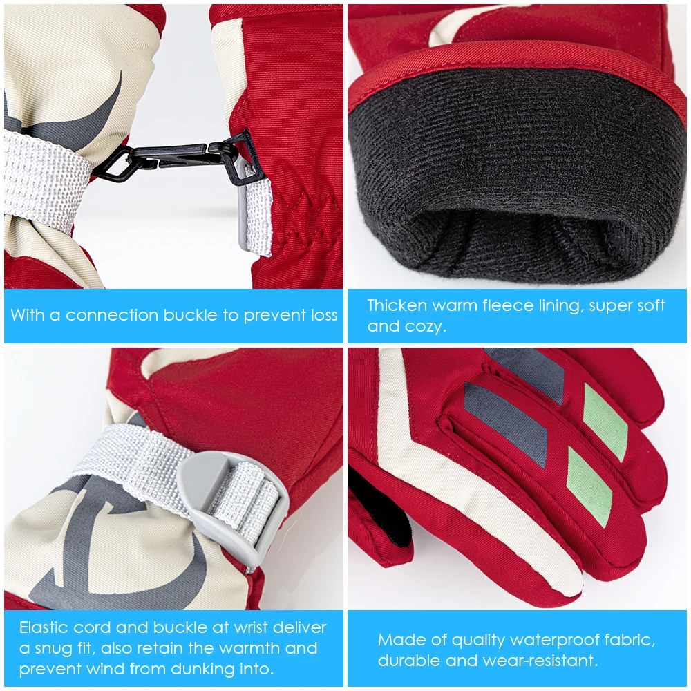Children Boys/Girls Snowmobile Winter Warm Ski Gloves Sports Waterproof Windproof Snow Gloves Adjustable Ski Strap Skiing Gloves