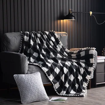 

Printed flannel blanket coral fleece tassel thickened plaid sofa blanket with ball wholesale b111