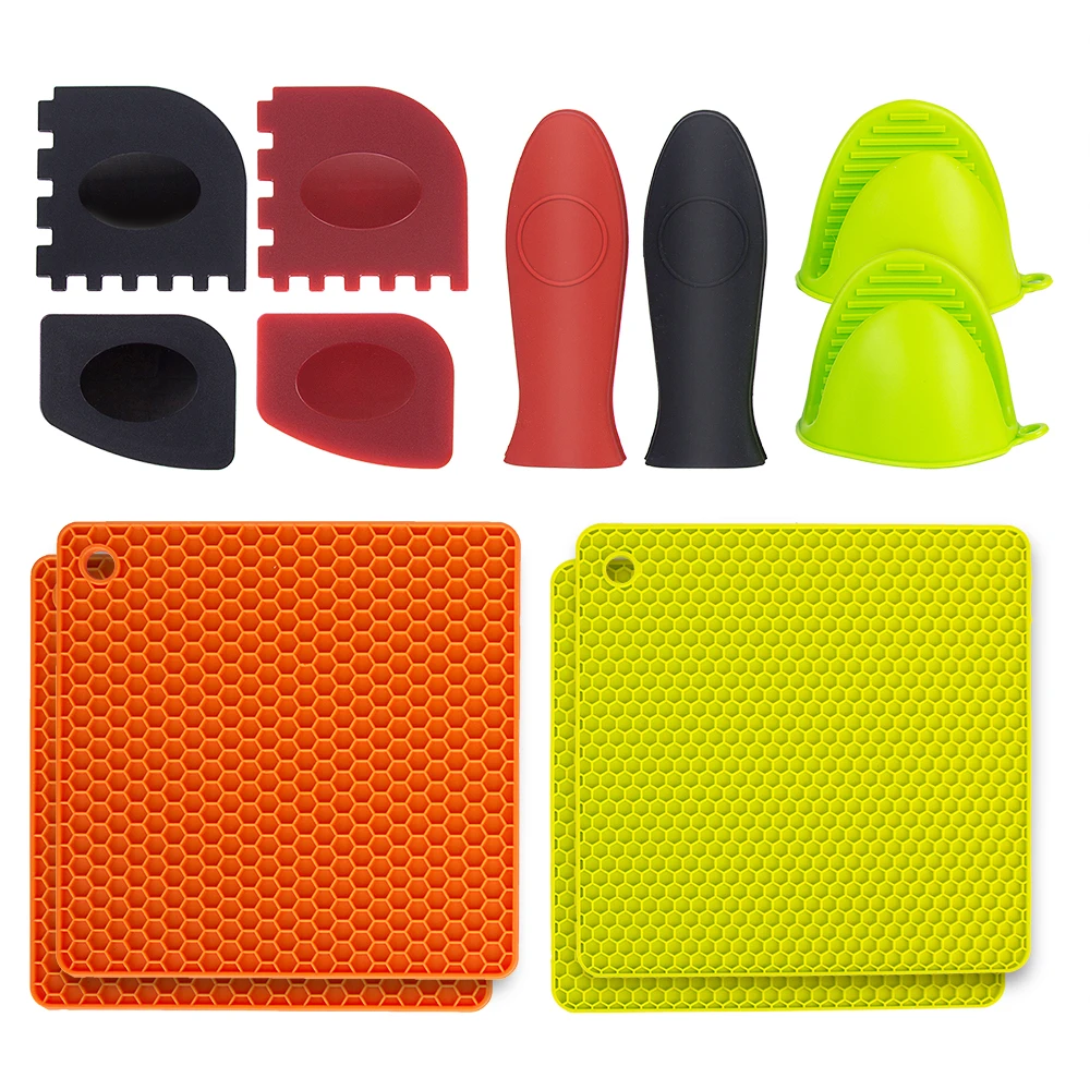

6Pcs Grill Pan Scraper Plastic Set Tool and Silicone Hot Handle Holder+ Silicone 4Pcs Pot Holders + 1 Pairs Pot Holder Oven Mitt