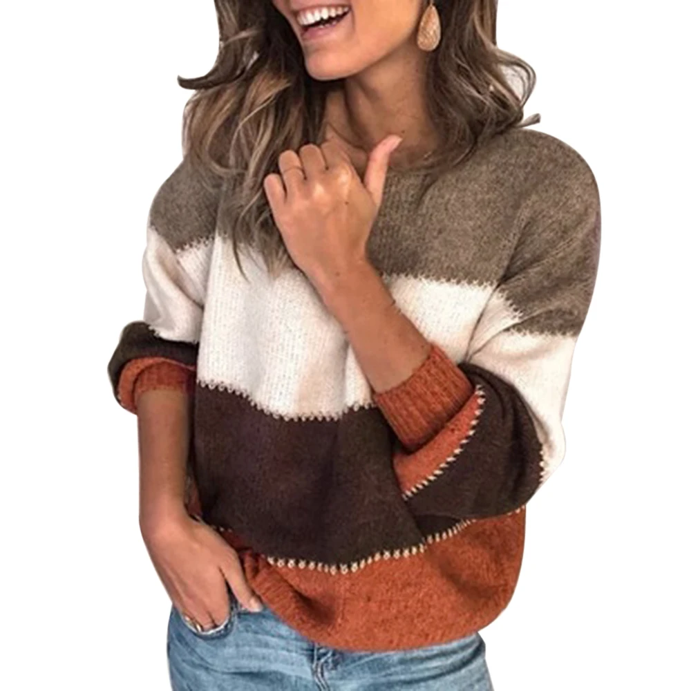MoneRffi, блестящие свитера с длинным рукавом, пуловер, блестящий лоскутный полосатый женский свитер, Женский вязаный пуловер с круглым вырезом, топы - Цвет: B Red-brown