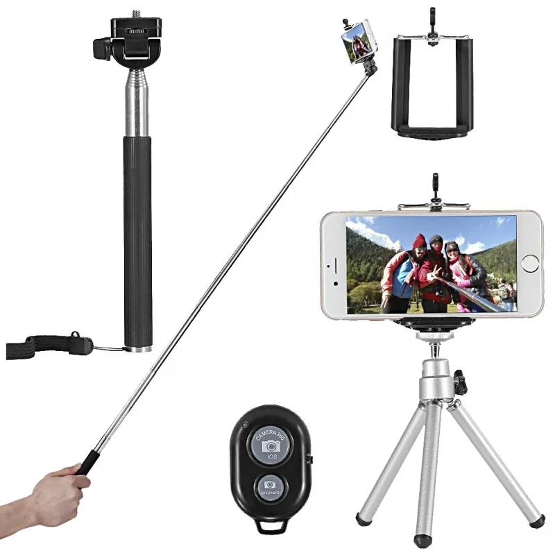 

Selfie Stick Kit 4-in-1 + Clip Phone + Bluetooth + Tripod Tripod Mini - Black
