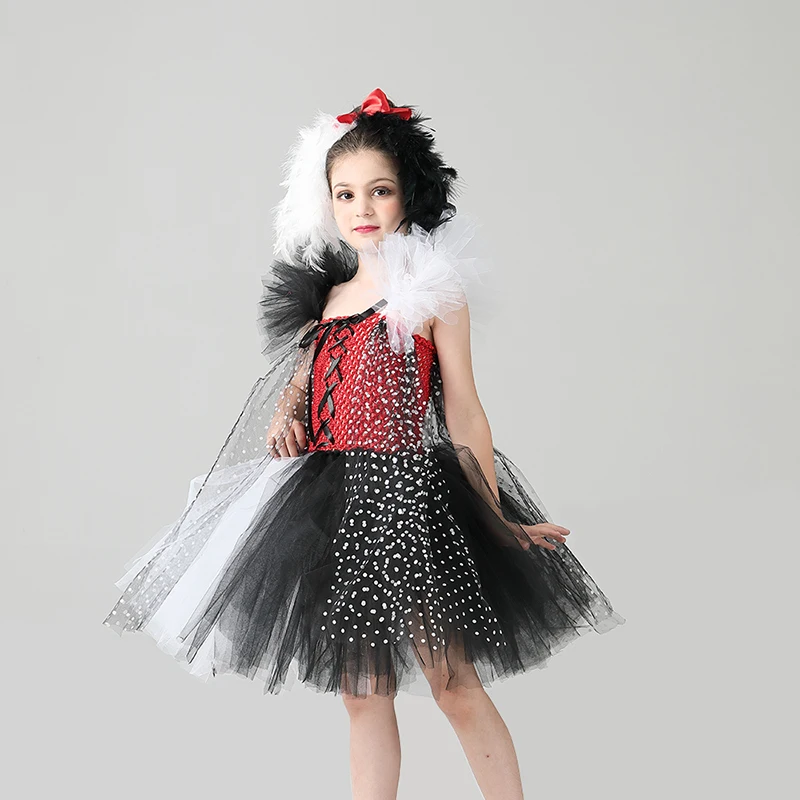 Cruella De Vil inspired Girls Tutu Dress with Headband Kids Dalmatians Villain Halloween Costume Polka Dot Children Party Dress (9)