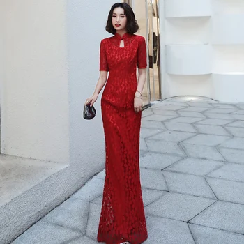 

Lace Chinese Bride Wedding Dress Female Novelty Slim Cheongsam Sexy Mandarin Collar Qipao Red Perspective Robe De Soiree