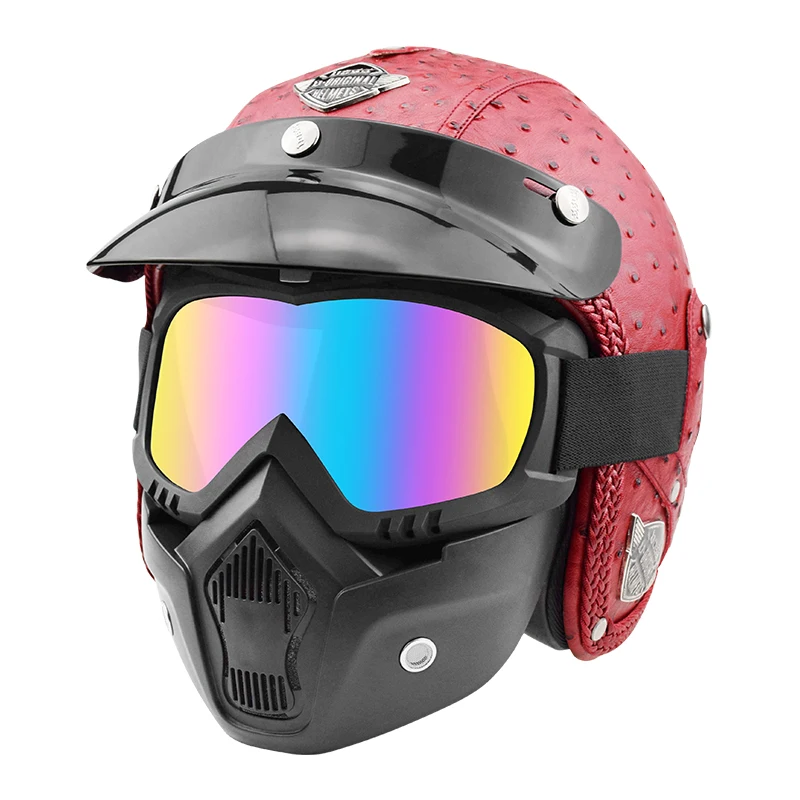 

PU Leather Open Face Helmet Motor 3/4 Motorcycle Helmets Vintage Motorbike Headgear for Helmet Motocross With Visor