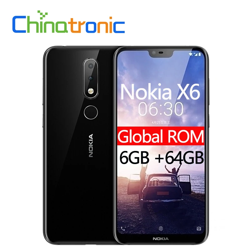 Мобильный телефон Nokia X6 6,1 Plus с глобальной прошивкой, 6 ГБ, 64 ГБ, 4G, FDD LTE, 5,8 дюймов, 19:9, FHD+ Восьмиядерный процессор Snapdragon 636, 3060 мАч, отпечаток пальца