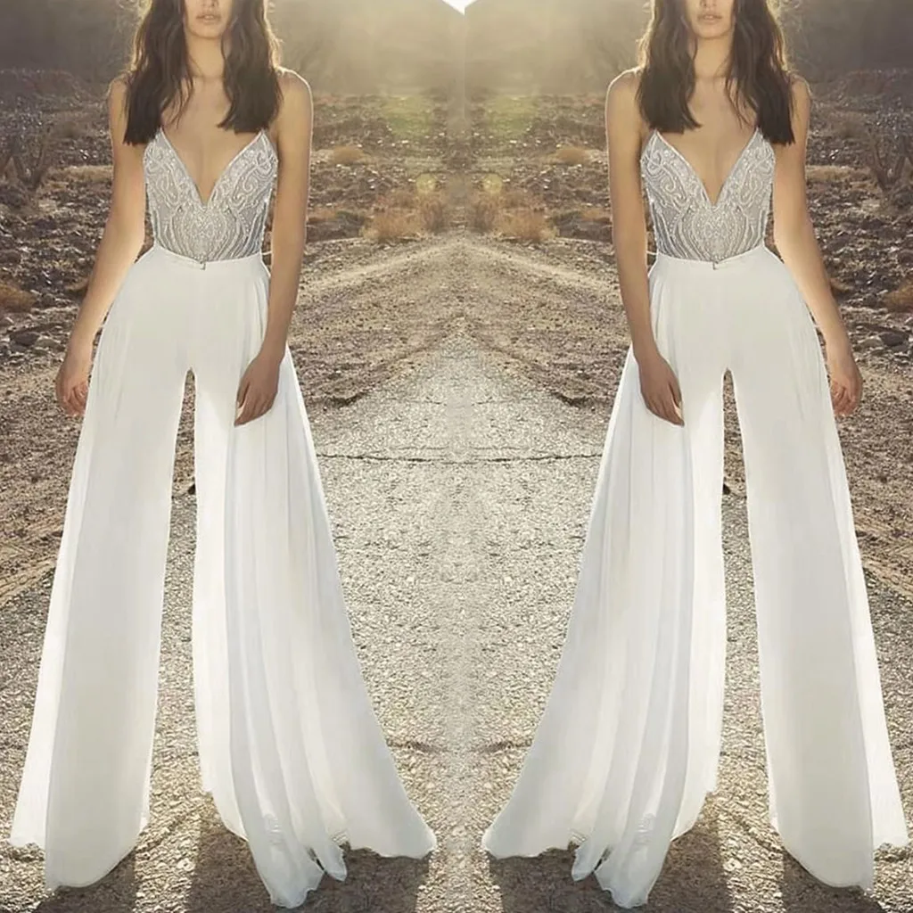 Womail Jumpsuit Women Spaghetti Strap Sequin Backless Jumpsuit Sexy Sleeveless White long Wide leg Jumpsuit Summer elegant party