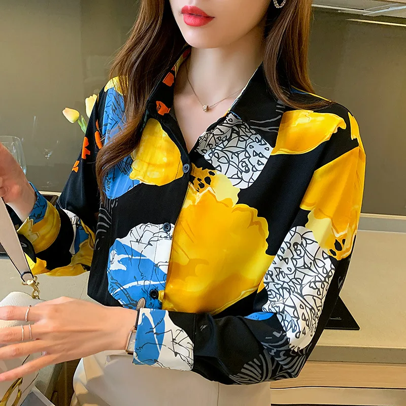Summer New women's Long Sleeve Chiffon Shirt Fashion Versatile Cotton Quick Drying Cool Lady's Top Printing Slim Blouses B086 2023 summer handsome men s new dual color casual contrast polo zip polo quick dry short sleeve top shorts set