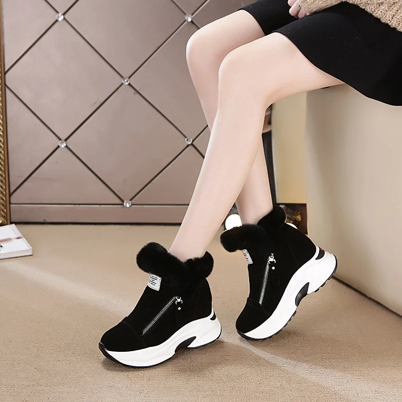 Skup SWYIVY Chunky platforma trampki królik zimowe buty z futrem kobiety śniegowe buty kliny 2019 kobieta czarne dorywczo krótkie botki ciepłe