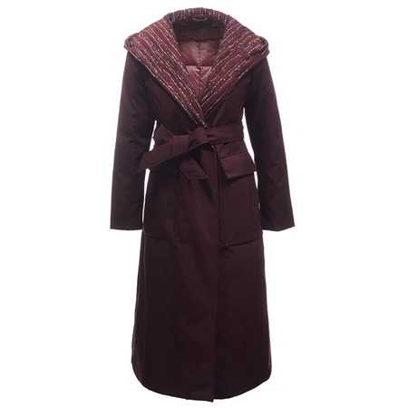 Модное женский пуховик капюшоном зимний Легкое женское пуховое пальто с поясом, Элегантное Длинное стильное роскошное YNZZU - Цвет: Бургундия