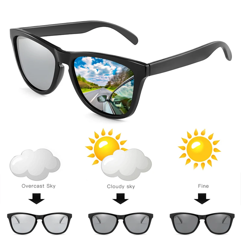 LongKeeper Classic Photochromic Sun Glassses Men Rectangle Polarized Goggle Women Chameleon Pilot Square Sunglasses UV400 Gafas - Цвет линз: Black
