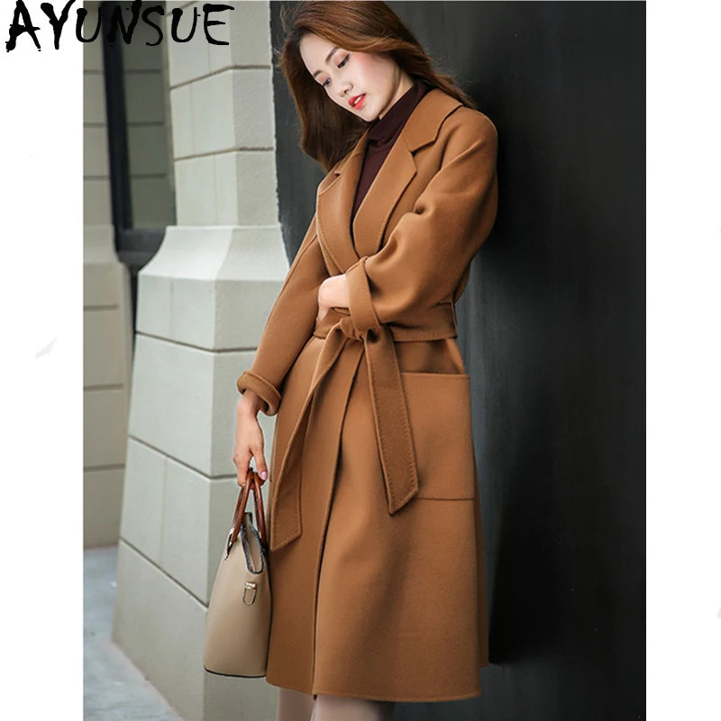 

AYUNSUE Double Side 100% Wool Coat 2019 Autumn Winter Jacket Women Woolen Coat Female Korean Long Coats Casaco Feminino MY3793
