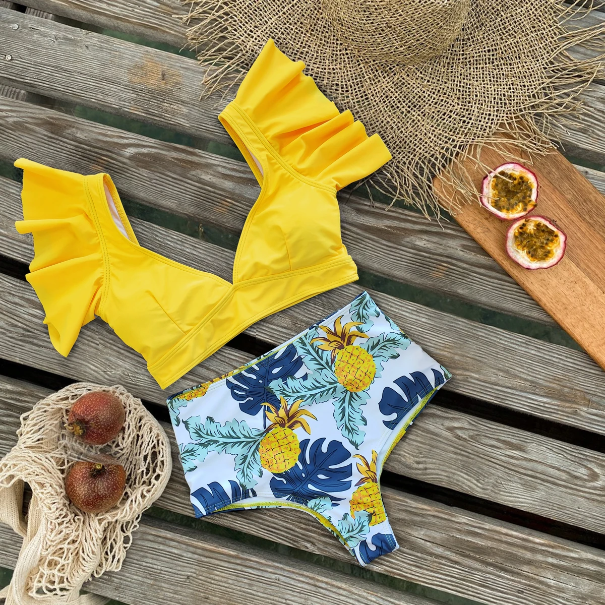 Купальник женский с высокой талией комплект бикини оборками пляжная одежда