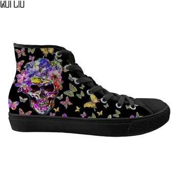 

Customized Trendy Skull with Butterfly Pattern Flats Kid Shoes High Top Classic Canvas Vulcanized Shoes for Children Zapatos