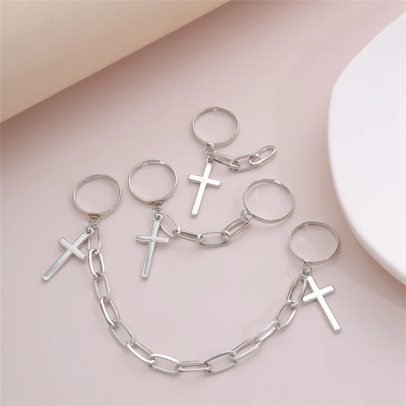 Men Punk Silver Color Plated Cross Chain Ring For Women Trendy Hip Hop Finger Knuckle Adjustable Jewelry Accessories Gift Anillo finger ring chain ring silver ring adjustable rings jewelry accessories