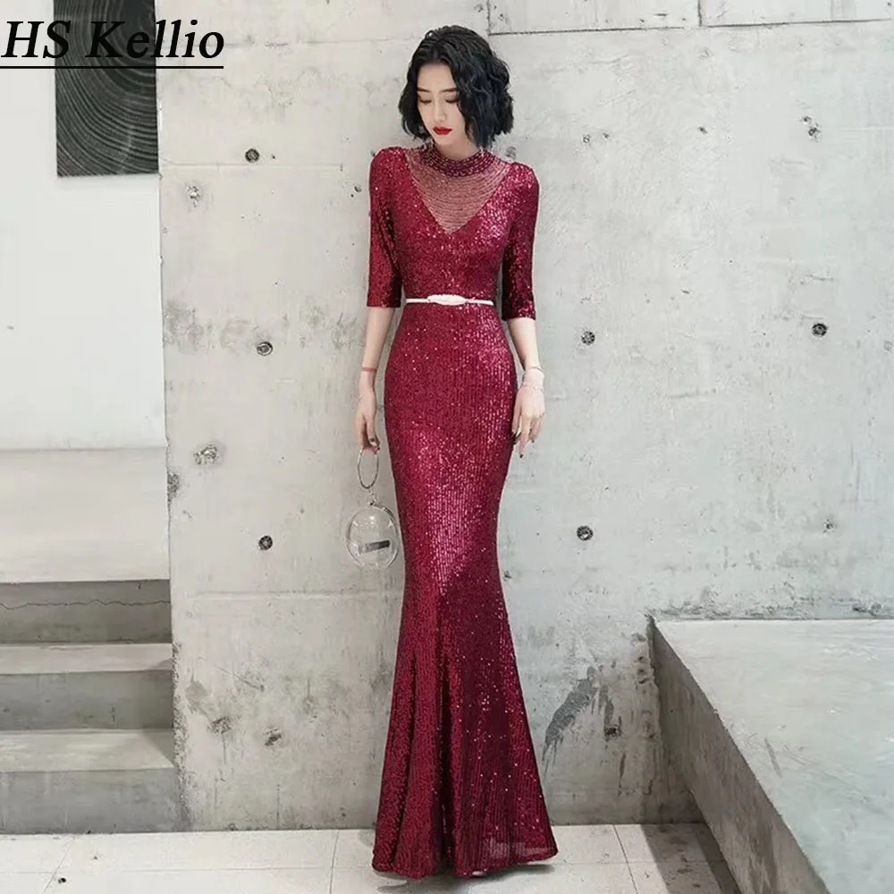 

Elegant Mother Of The Bride Dresses Burgundy Sequined Trumpet Mother Formal Party Gowns Wedding Guest Dress
