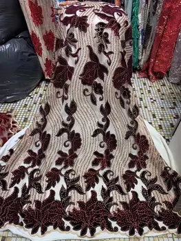 

New African Lace Fabric with stone an sequins design tulle velvet embroidery velvet Fabric Used for Africa women Party dress