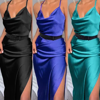 

Sexy Dress Women's Summer NEW Fashion Solid Spaghetti Strap Sling платье Office Lady Halter V-Neck Pattern Pullover Loose Dress