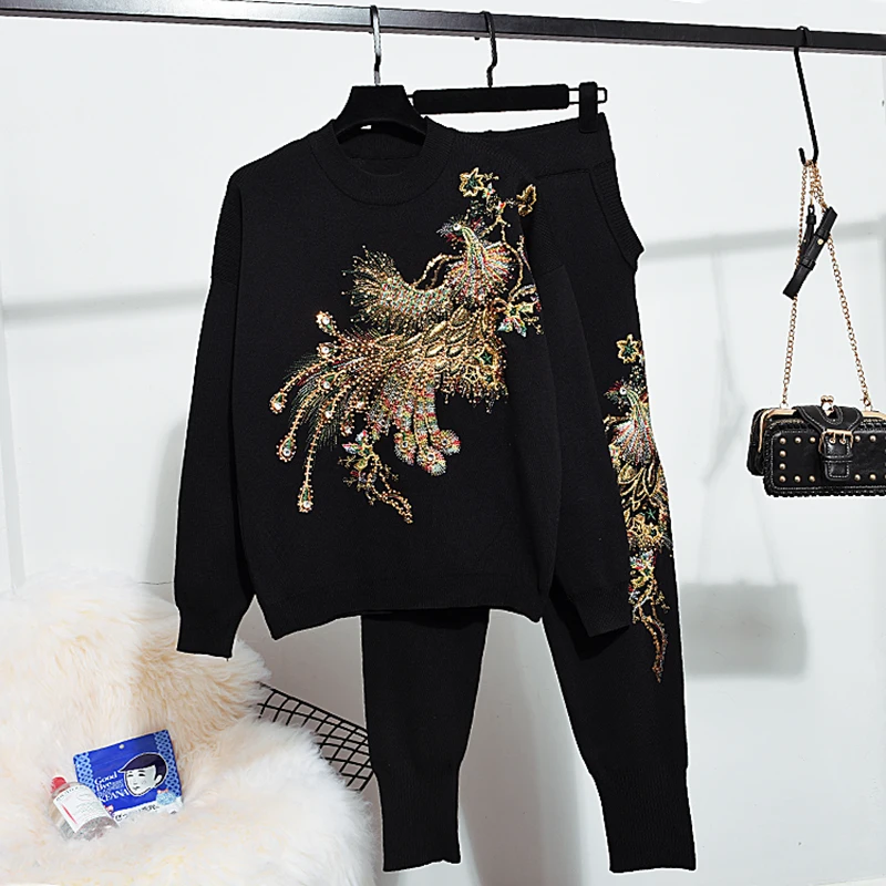 

High Quality 2 Piece Set Women Sweater + Knitted Pants Suit Tracksuit Women Embroidery Beading Knitting Sweater Top Trouser 2pcs
